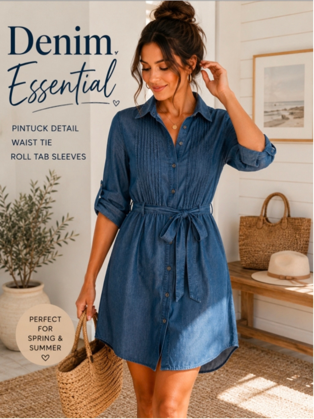 Love by Chesley Denim Look Chambray Pintuck Shirt Dress Roll Tab M